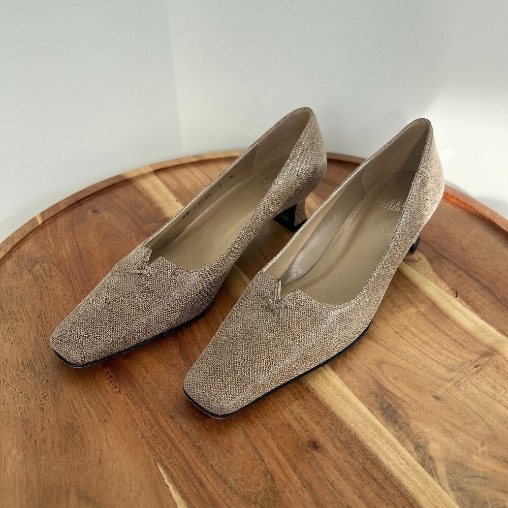 Stuart Weitzman Shimmery Taupe Low Block Heel Pumps